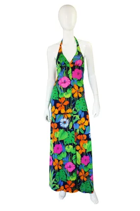 1960s Floral Halter Beach Maxi Dress