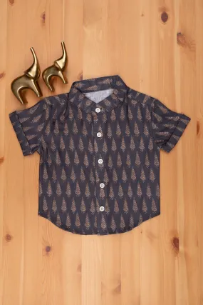 AJH. Boys Brown Linen Shirt with Traditional Ajrakh Print Charm