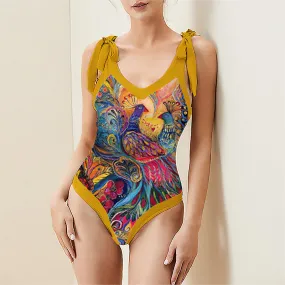 Beautiful Colorful Bowknot Tie-Shoulder One Piece Swimsuit and Splicing Sarong