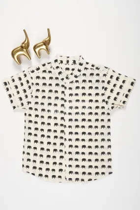 Boys Half-White Cotton Shirt with Black Elephant Print for Casual Outings