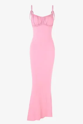 Pink Ruched Backless Maxi Dress