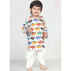 Polka Tots Dhoti Kurta Set for Boys 100% Super Soft Cotton Traditional Ethnic Wear For Kids Elephant White